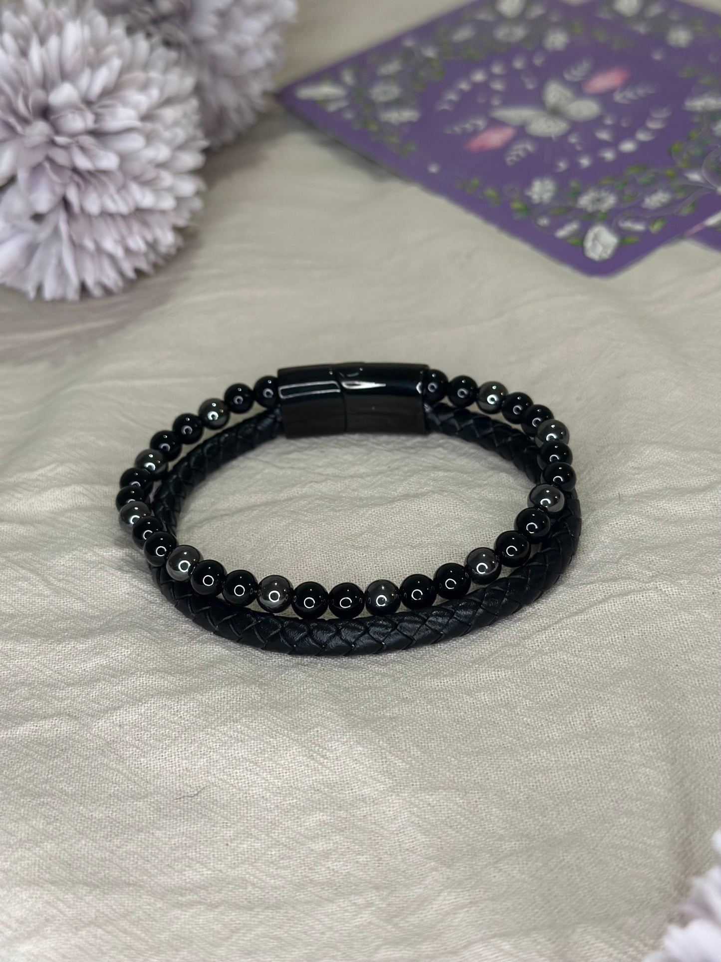 Bracelet Aska cuir noir Hématite & Onyx | Ancrage & Stabilité