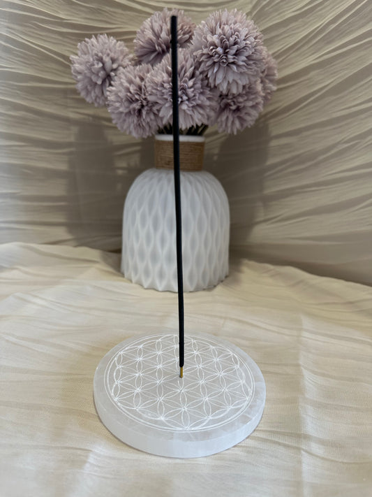 Porte-Encens en Sélénite – Fleur de Vie | 10 cm