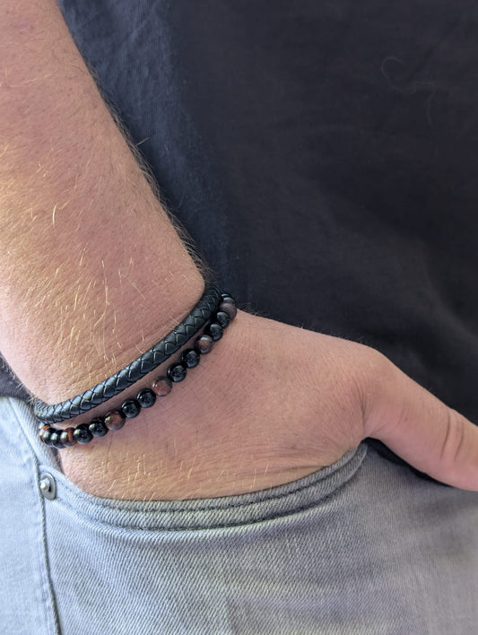 Bracelet Aska cuir noir Œil de Taureau & Onyx | Force & Courage