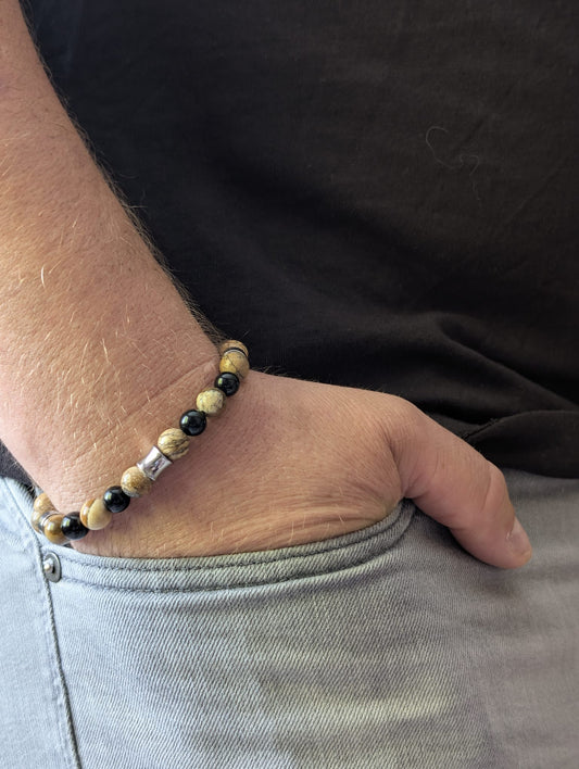 Bracelet Kahel Onyx & Jaspe Paysage | Ancrage & Stabilité