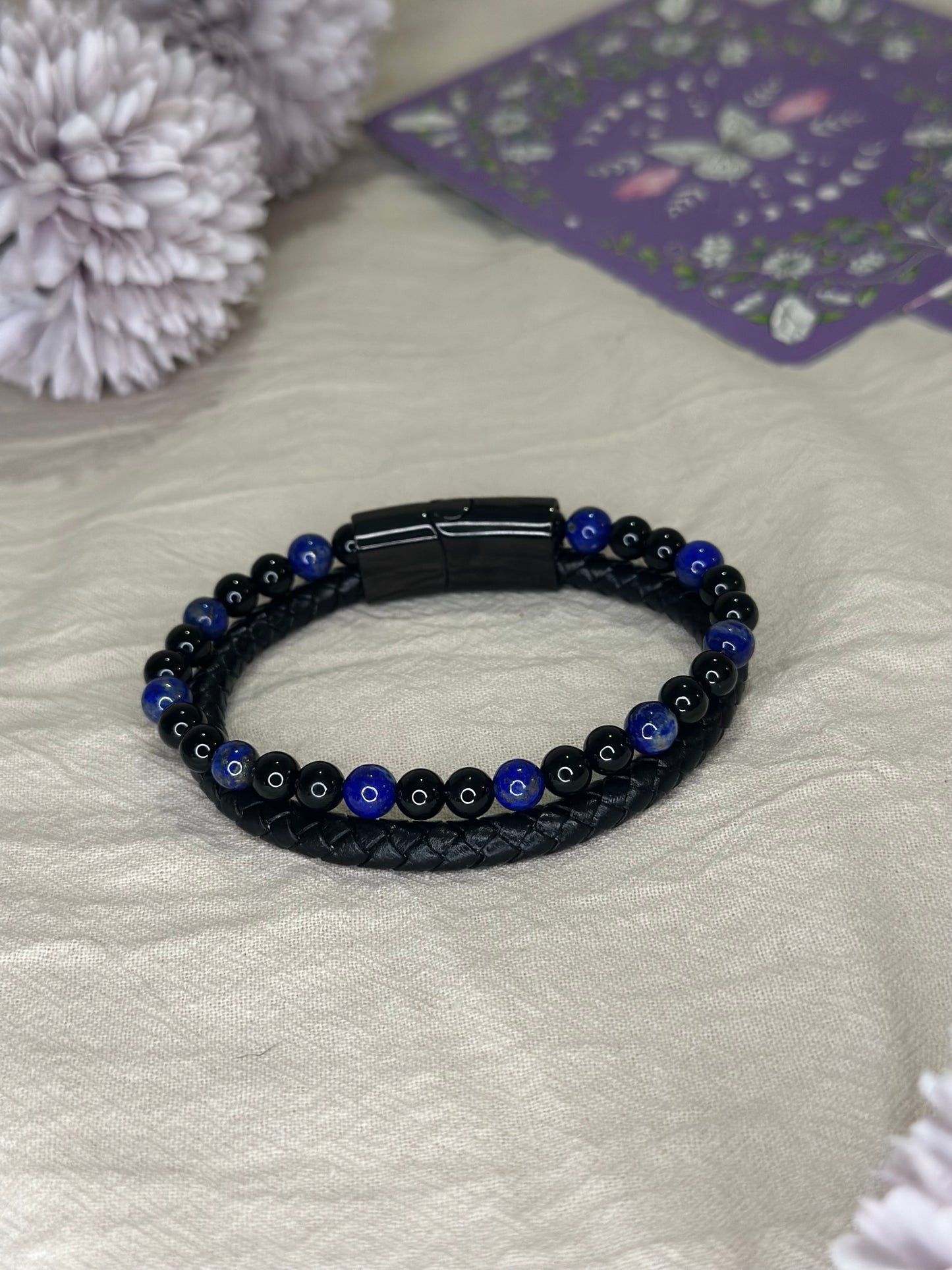 Bracelet Aska cuir noir Lapis Lazuli & Onyx | Assurance & Force