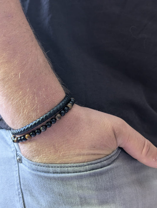 Bracelet Aska cuir noir Œil de Tigre & Onyx | Protection & Confiance