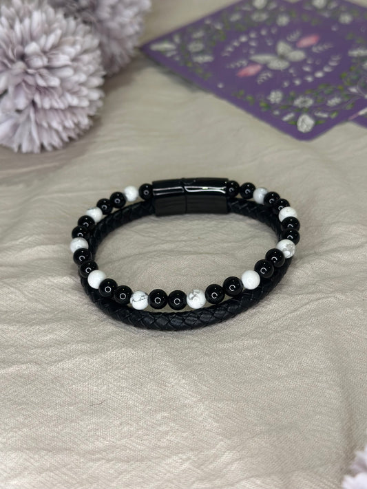 Bracelet Aska cuir noir Howlite & Onyx | Force & Calme