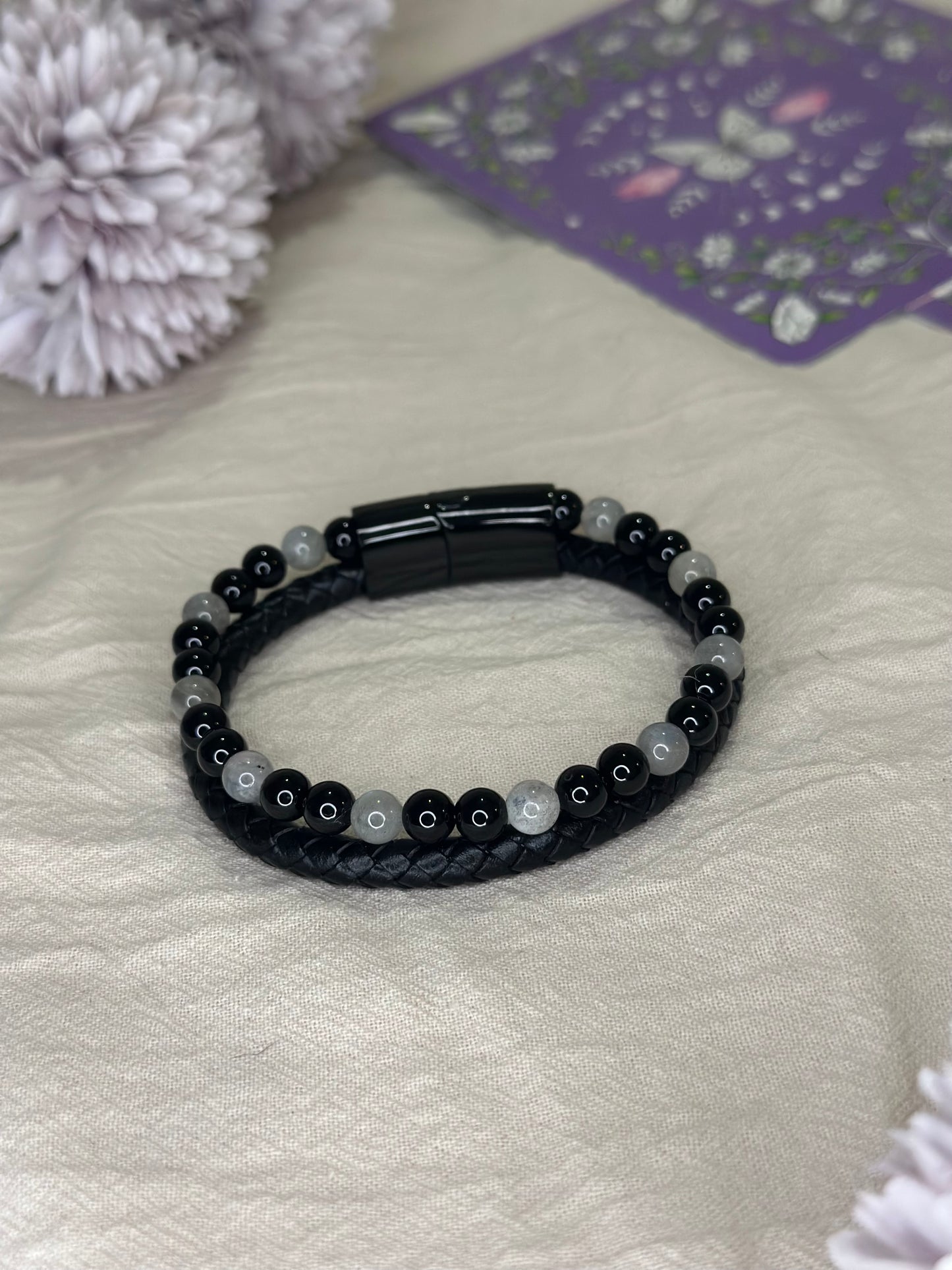 Bracelet Aska cuir noir Labradorite & Onyx | Protection & Force
