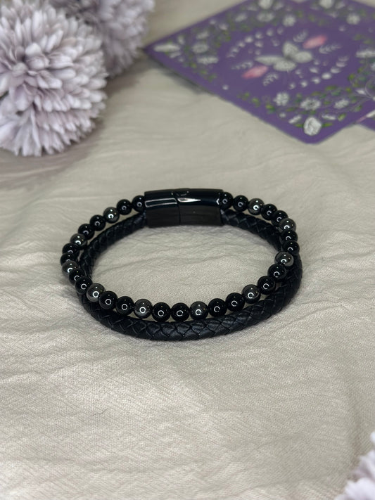 Bracelet Aska cuir noir Hématite & Onyx | Ancrage & Stabilité