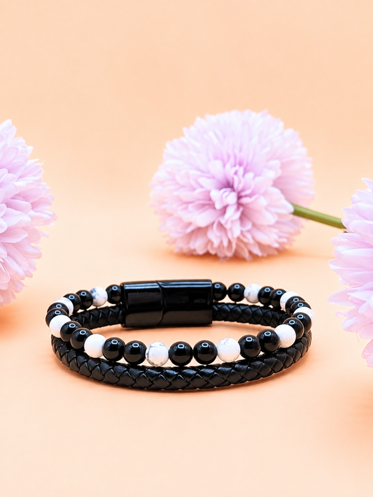 Bracelet Aska cuir noir Howlite & Onyx | Force & Calme