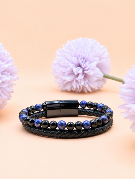 Bracelet Aska cuir noir Lapis Lazuli & Onyx | Assurance & Force