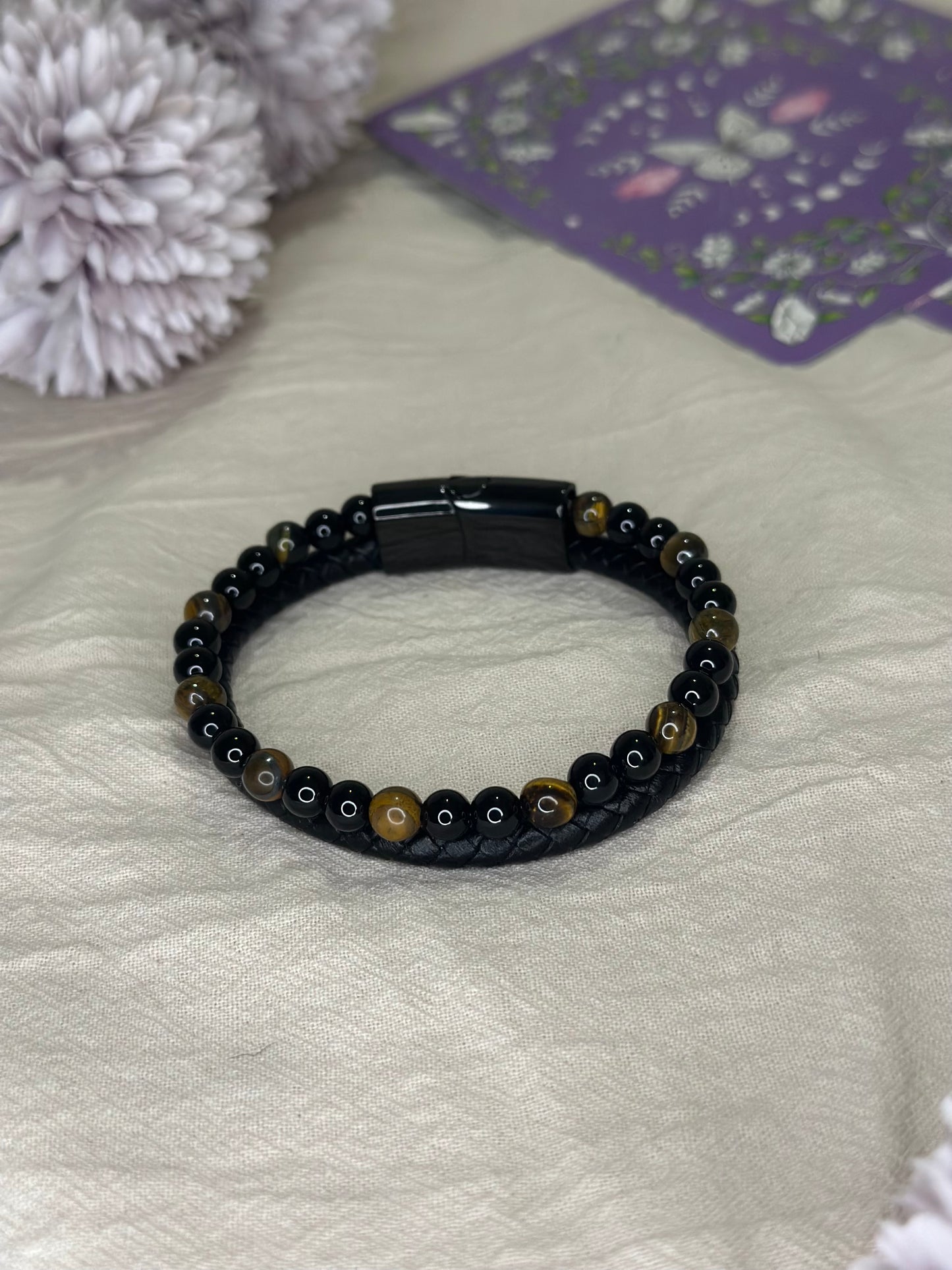 Bracelet Aska cuir noir Œil de Tigre & Onyx | Protection & Confiance