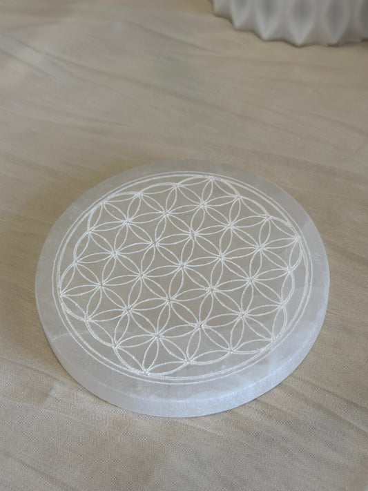 Plaque de Rechargement Fleur de Vie – Sélénite | 10 cm