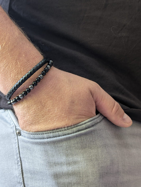 Bracelet Aska cuir noir Hématite & Onyx | Ancrage & Stabilité