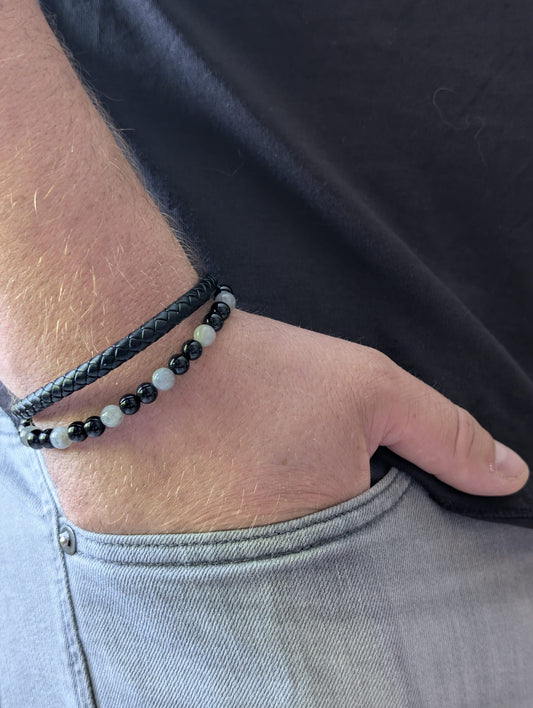 Bracelet Aska cuir noir Labradorite & Onyx | Protection & Force