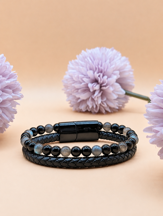Bracelet Aska cuir noir Labradorite & Onyx | Protection & Force