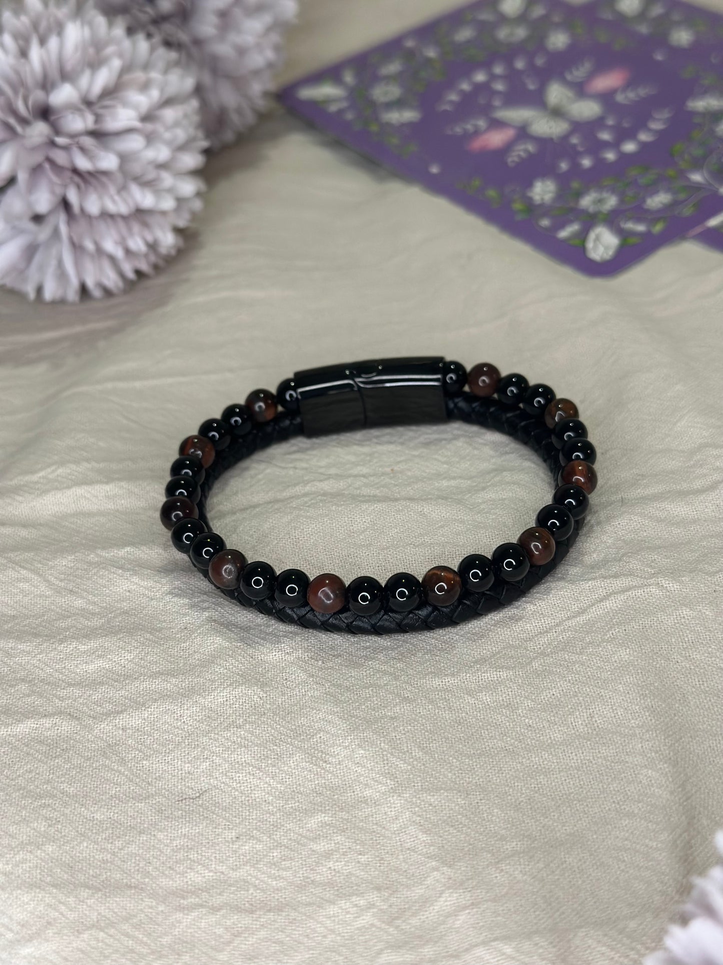 Bracelet Aska cuir noir Œil de Taureau & Onyx | Force & Courage