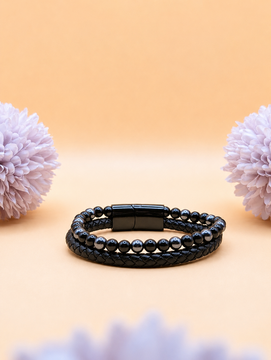 Bracelet Aska cuir noir Hématite & Onyx | Ancrage & Stabilité