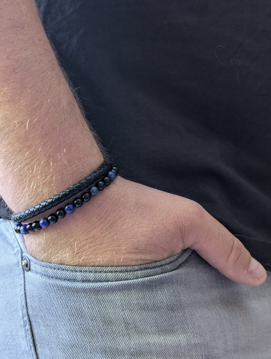 Bracelet Aska cuir noir Lapis Lazuli & Onyx | Assurance & Force