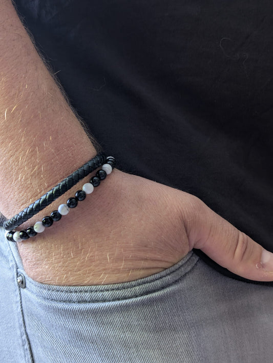 Bracelet Aska cuir noir Howlite & Onyx | Force & Calme