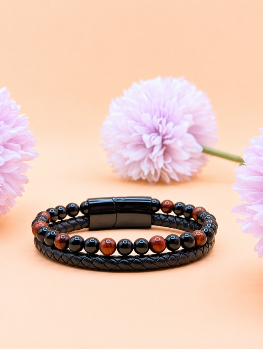 Bracelet Aska cuir noir Œil de Taureau & Onyx | Force & Courage
