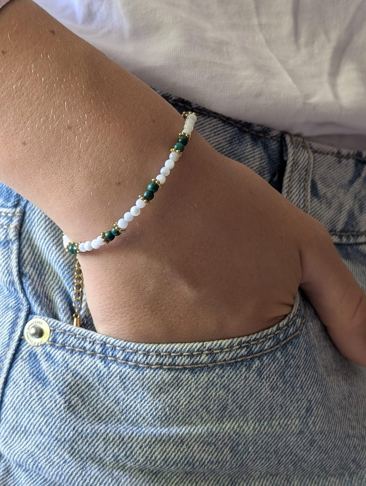 Bracelet Elye doré Nacre & Malachite | Transformation & Harmonie