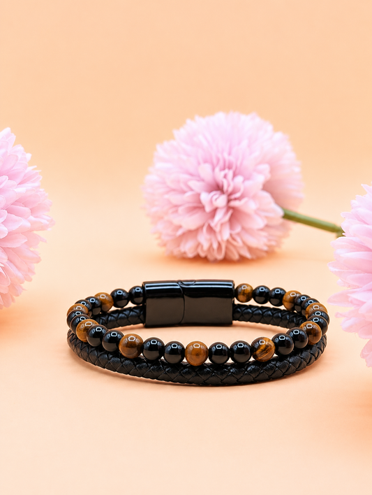 Bracelet Aska cuir noir Œil de Tigre & Onyx | Protection & Confiance