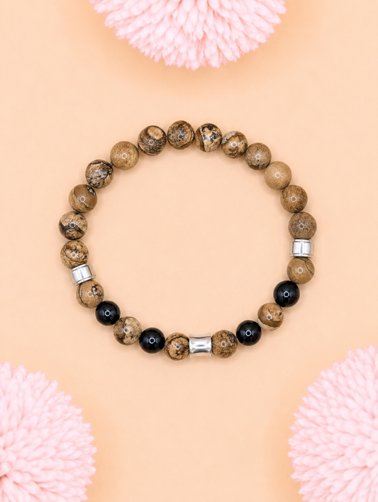 Bracelet Kahel Onyx & Jaspe Paysage | Ancrage & Stabilité